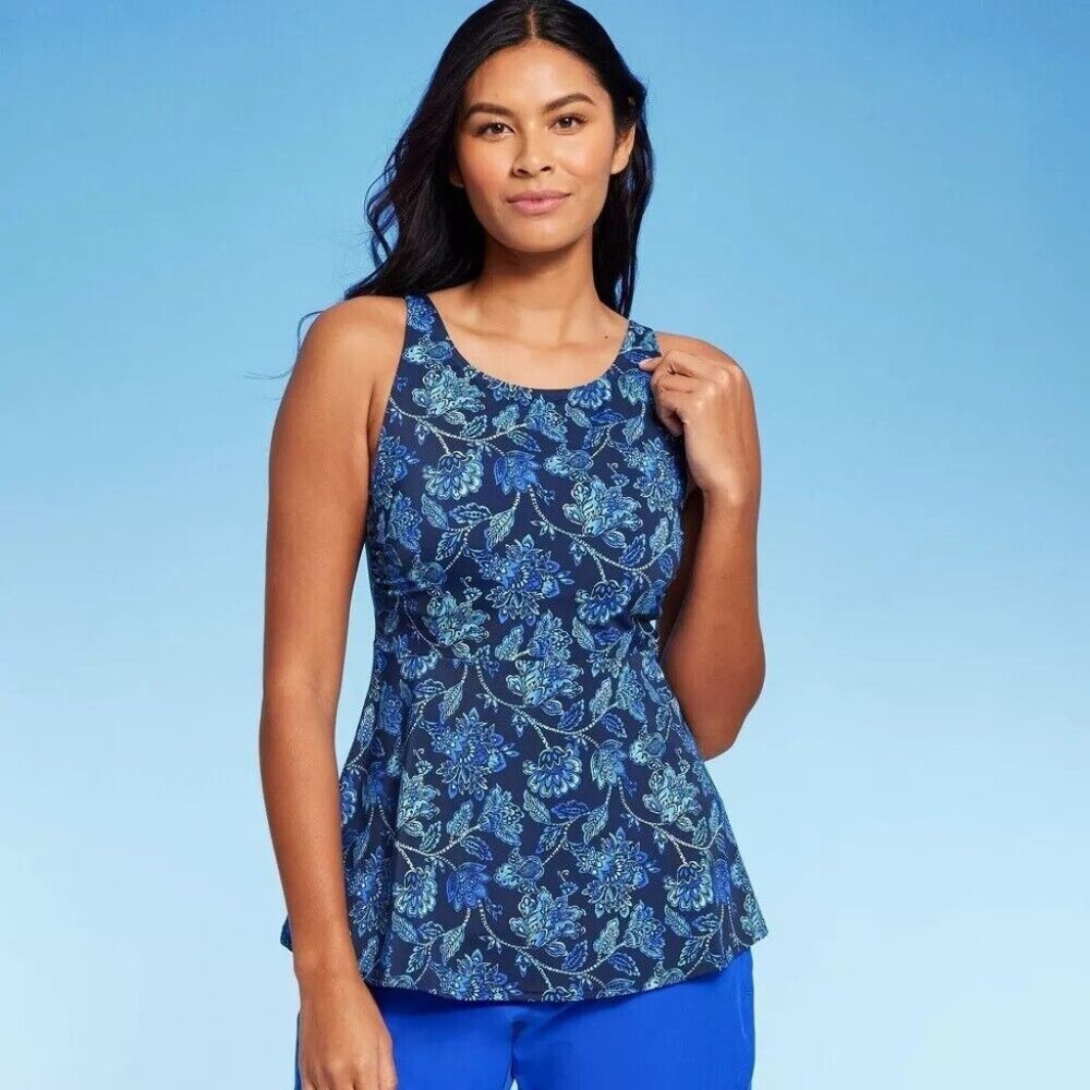 Lands' End Blue Floral High Neck Flutter Hem Long Tankini Swim Top